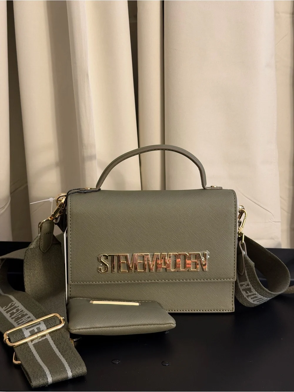 Steve Madden Olive Green Top-Handle Crossbody with Gold Logo